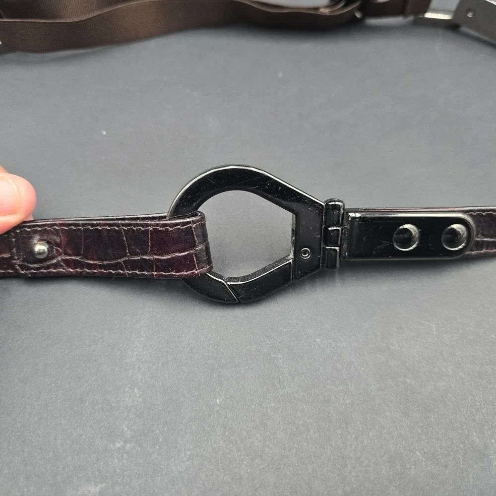 Suzi Roher Metal Leather Stretch Belt Brown Croc Gunmetal Carabiner Medium